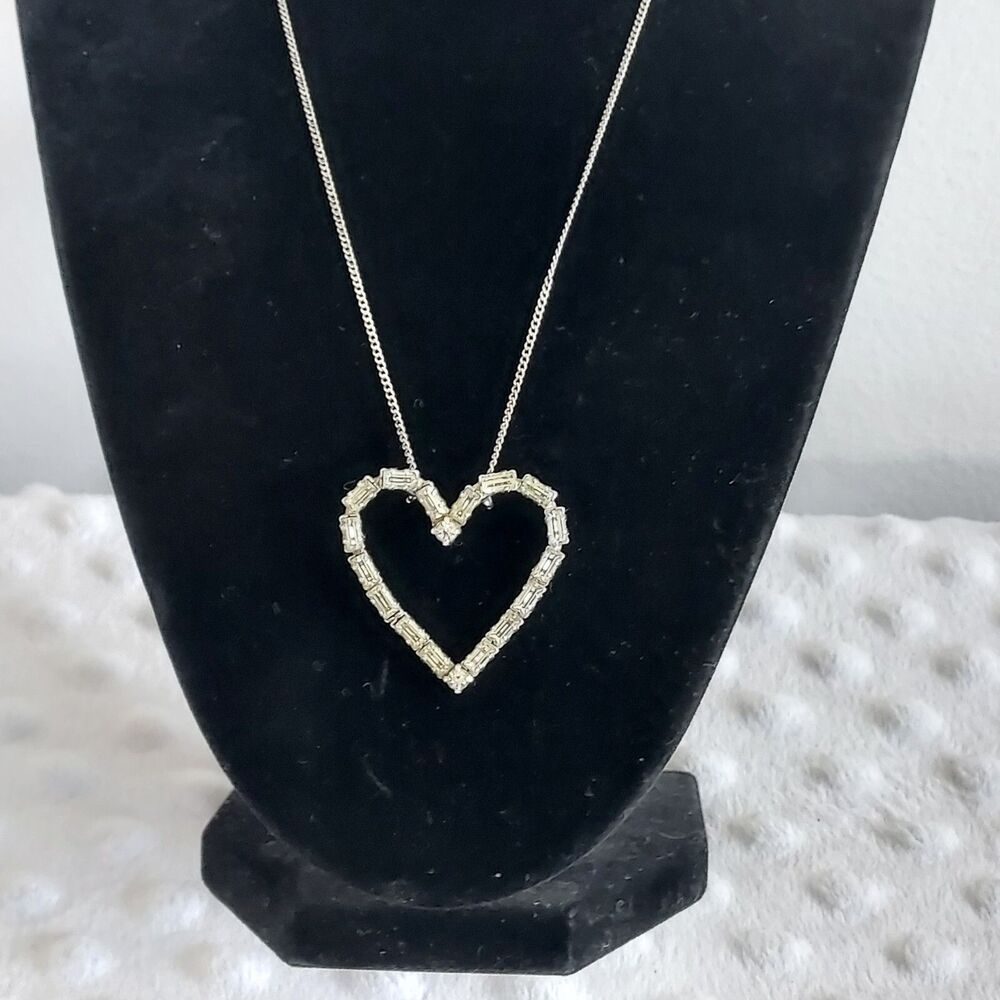 Vintage Rhinestone Necklace Open Heart Clear Stones Marked Sterling Clasp Chain